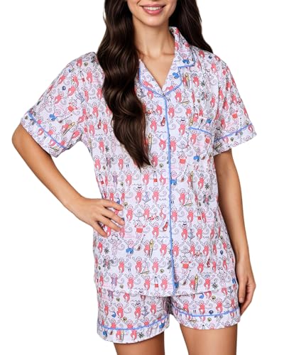 GZDINH Womens 2 Piece Pajamas Set, Monkey Print Soft Button Down Vacation Beach Shorts Set Y2k Preppy Loungewear Pjs DS M