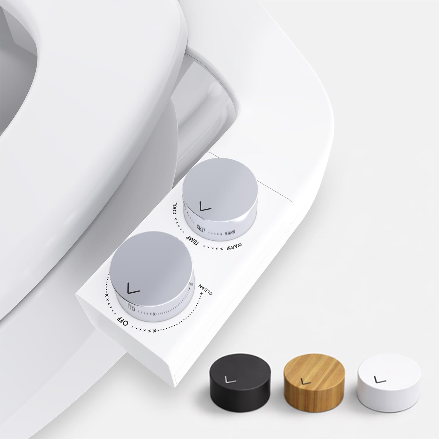 BIDETbidet Left Right Reversible WARM WATER Ultra-Slim Bidet Attachment with Temperature Control Interchangeable Knob Set Hinged Nozzle Non-Electric