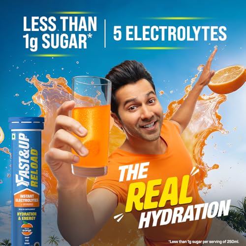 Image of Fast&Up Reload (10 Litres) Low Sugar energy drink for Instant Hydration - 20 Effervescent Tablets with all 5 Essential Electrolytes + Added Vitamins - Certified Electrolytes Drink - Orange flavour, Pack of 2