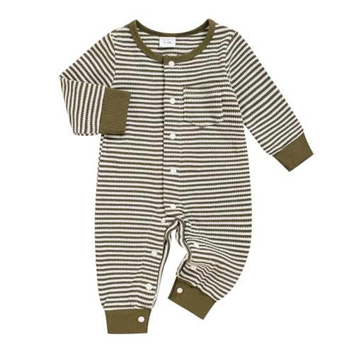 Image of GRNSHTS Baby Boy Clothes Striped Waffle Baby Boy Fall Outfits Long Sleeve Newborn Boy Romper Infant Winter Bodysuit Jumpsuit