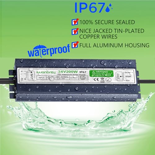 Image of LED Driver 200 Watts 24V DC Low Voltage Transformer, Waterproof IP67 LED Power Supply, Adapter with 3-Prong Plug 3.3 Feet Cable for Any 24V DC led Lights, Computer Project, Outdoor Light