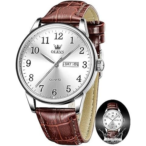 OLEVS Men's Leather Dress Watch with Calendar Cover