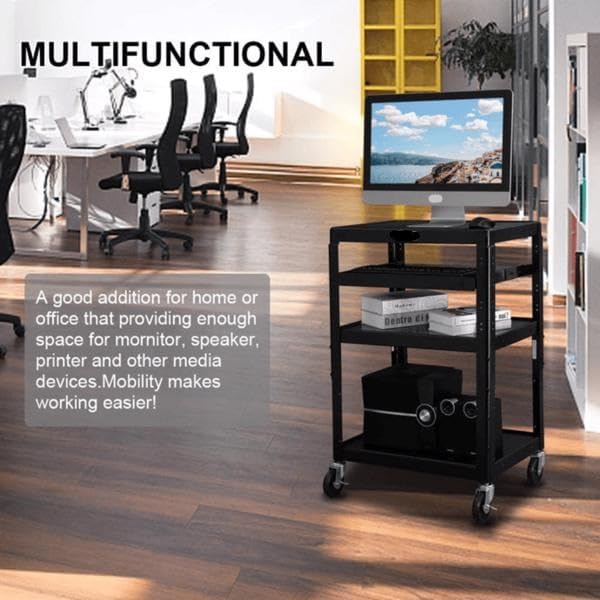 Mobile Workstation Utility Media Cart for School Classroom Office, Rolling Storage Stand with Keyboard Shelf, Projector Rack on Wheels, Compact Rolling Cart with Wheels