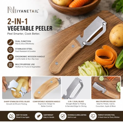 Image of Multi-Functional Stainless Steel Vegetable Peeler with Wooden Handle & Bottle Opener | Single Blade Peeler for Fruits & Vegetables | Sharp, Durable & Easy-Grip Kitchen Tool (1 Pc)