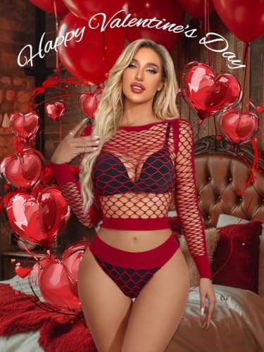 Buitifo Damen Dessous-Sets Sexy Lingerie Fischnetz Sexy Bodys Nachtwäsche(dunkelrot WG,Einheitsgröße)