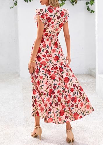 Image of PRETTYGARDEN Women's 2026 Summer Floral Midi Dress Cap Sleeve V Neck Ruffle Long Flowy Boho Casual Beach Vacation Dresses