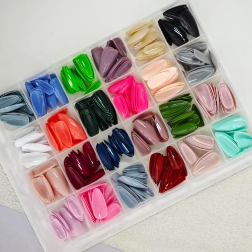 Image of 24 Colors Press on Nails Short Almond Fake Nails Pure Color Glue on Nails Reusable Artificial Acrylic Nail Solid Color Full Cover False Nails Glossy Stick on Nails for Women Manicure 576Pcs