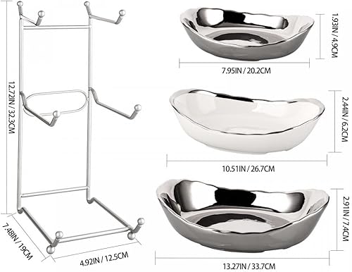 Miniatura 6 de jessie Tazones de frutas de 3 niveles para encimera de cocina, cuenco de frutas de cerámica con estante de metal, cuencos de cocina de porcelana