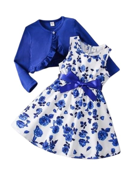 Kids Girls Cotton Blend Full Sleevess Dress with Top Jacket Set