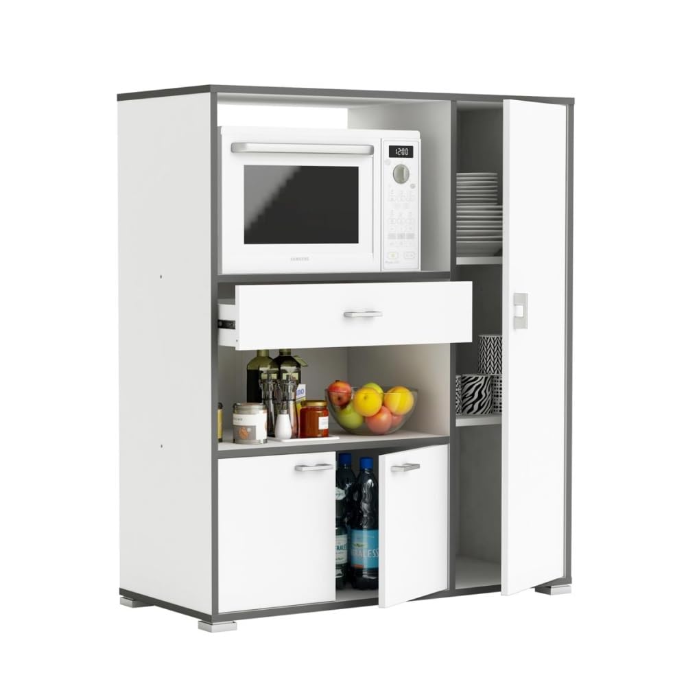 Befara Armadio Cucina AUSILIARIO BELHO, Bianco, Armadio ausiliario da Cucina. Spazio per microonde. 3 Porte, cassetto e scaffali. Mobile dispensa - Credenza.