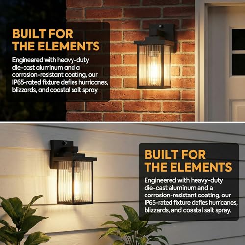 Image of 2 Pack Dusk to Dawn Outdoor Lighting, Modern Wall Sconce with Textured Glass, Waterproof IP65 Exterior Light Fixture, Soft Glow Warm Ambiance for Front Door Porch Garage, 10.6 Inch Height, Black