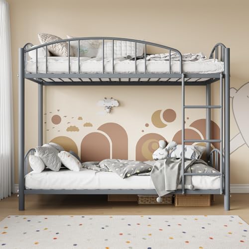 Garvee Bunk Bed Twin Over Twin with Ladder and Arched Guardrail, Heavy Duty Bunkbeds Frame with Sturdy Steel Slats Support for Kids Boys Girls, Space-Saving, No Box Spring Needed, Gray