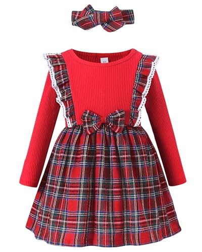 Toddler Girls Dress with Headwear: Cotton Long Sleeve Ruffle Plaid Dresses for Winter Christmas Party Gift 2-8T
