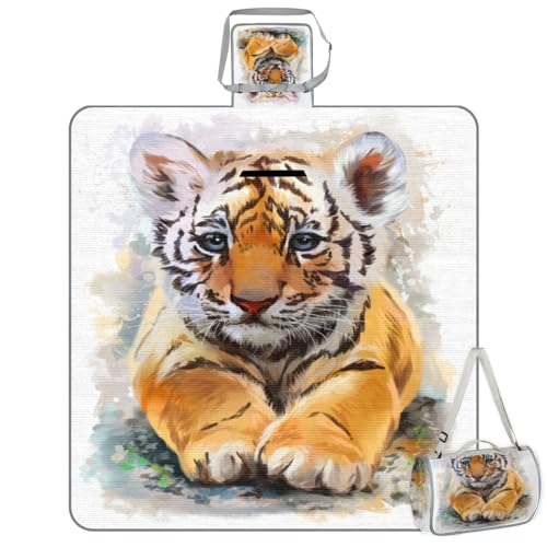 Shimoshe Picnic Blankets 57”x 59”, Cute Little Tiger Waterproof Sandproof Picnic Mat Lightweight Foldable Beach Blanket for Camping Park Grass Beach Outdoor Blanket