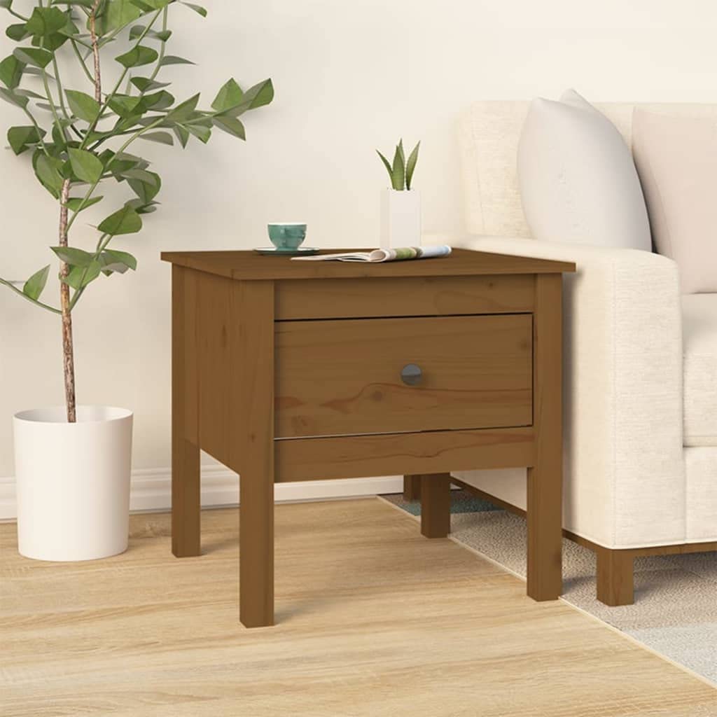 Mesa auxiliar marrón miel 50 x 50 x 49 cm, armario auxiliar de madera maciza de pino, mesa de centro rústica con cajón, mesita de noche cuadrada para salón y dormitorio