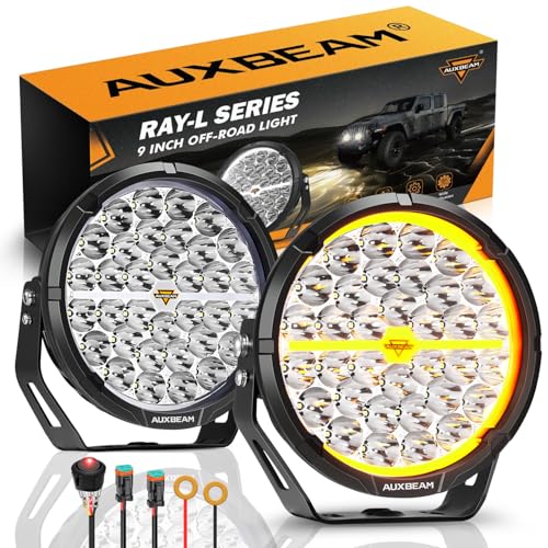 Auxbeam RAY-L Series 9 Inch LED Off-Road Lights, Amber White DRL 3 Modes, 318W 34180LM Round Offroad Lighting, Spot Beam Automotive Light Bar, for 4x4 Truck SUV ATV UTV, Pair
