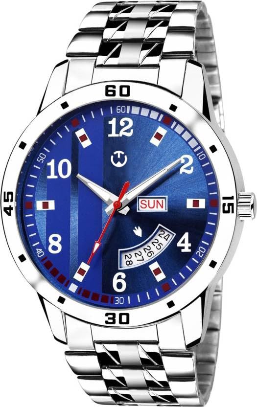 Image of Men's Analog wristwatch, Silver Stainless Steel Strap Blue Day & Date Dial, Water Resistant, Formal & Casual Wear, Gift Watch for Men