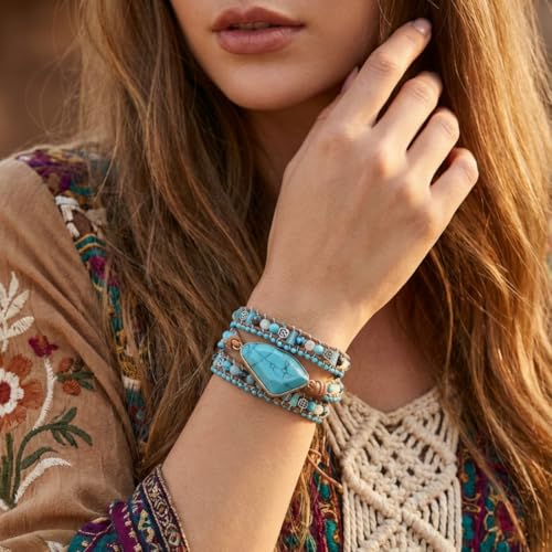 Image of YGLINE Boho Handmade Wrap Leather Tube Crystal Stone Bracelet for Women