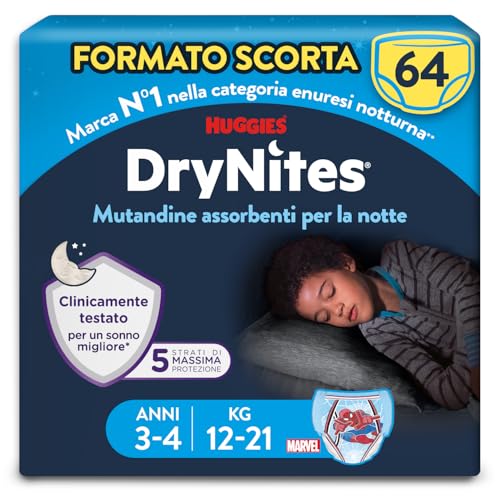 Huggies Drynites Pannolini, Taglia S, 3-4 anni (12-21 Kg), Mutandine assorbenti Bambino, Design Marvel, 64 Pz