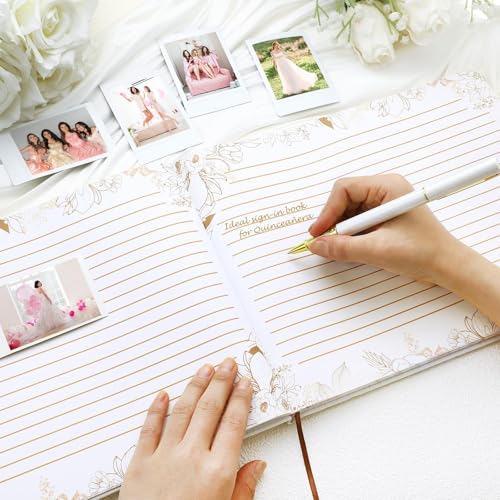 Image of MotiMind Quinceanera Guest Book with Pen 11 x 8 Inch Libro De Firmas Para 15 Anos Quinceanera Leather Hardcover Signature Book Guest Sign in for 15th Party Favors Decoration (White Gold,Floral)