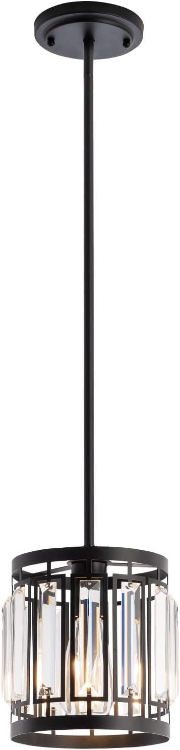 Modern One- Light 1XE26 Pendant Light Ceiling Hanging Light Fixture with K9 Crystals for Kitchen Restaurant Cafe Dining Room Island Light Black