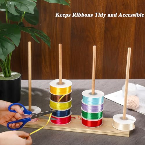 Image of Wooden Ribbon Holder, Adequate Storage Organizer for Ribbons, Thread Rack Accommodates 80 Bobbins, Easy Assembly, Bow Maker for Crafts