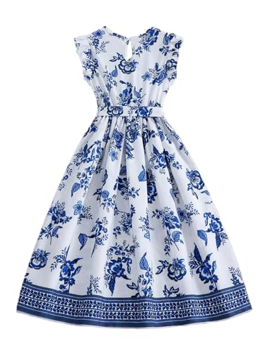 Floerns Girl's Floral V Neck A Line Midi Dresses Ruffle Cap Sleeve Belted Dress2