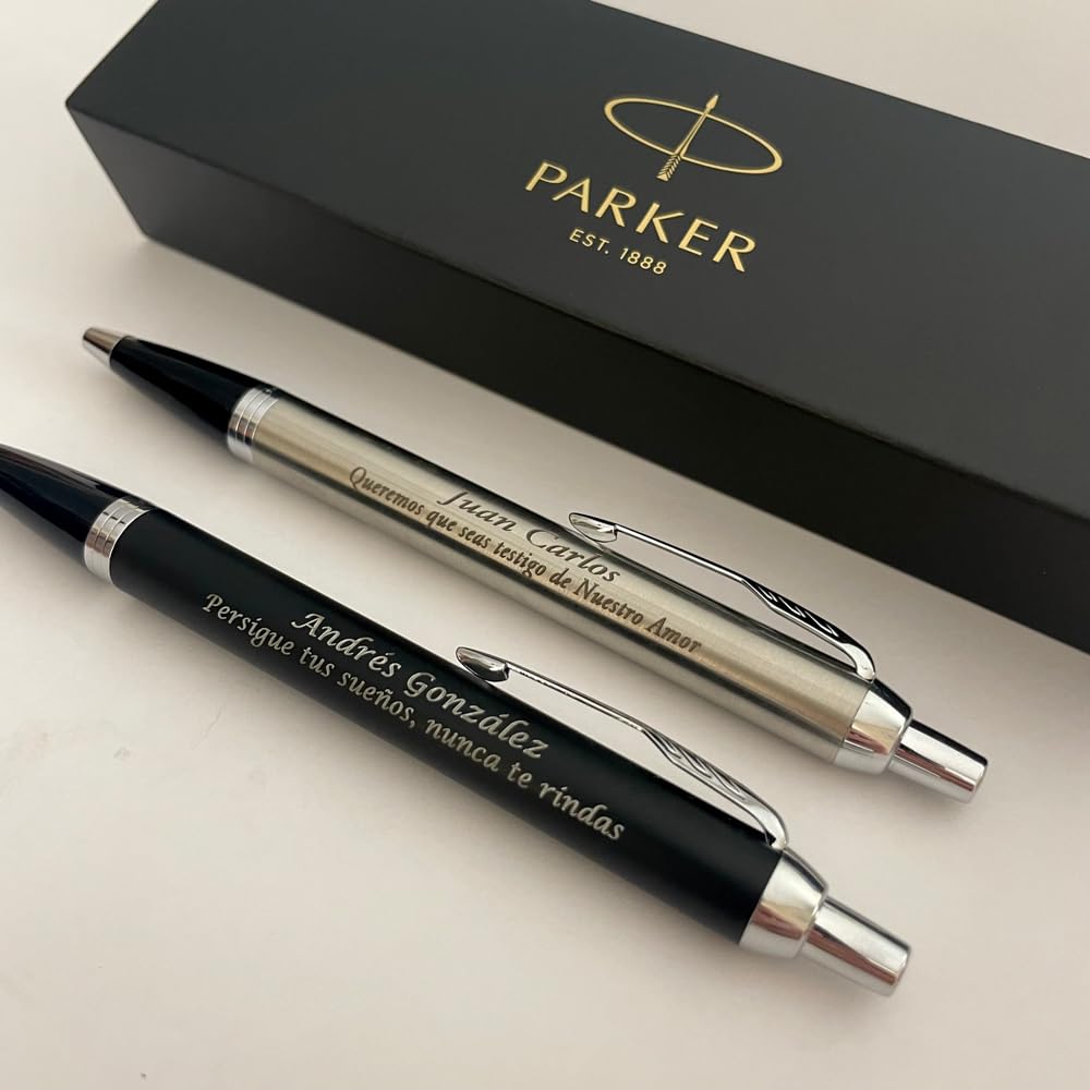 regalo grabado Personalised Parker IM Pen | Side Engraved | 2 Lines of Text | Ideal as a Personalised Gift | Fast Shipping, Black, Metal (Black)