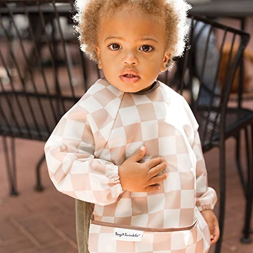 Image of Tiny Twinkle Long Sleeve Bib for Babies & Toddlers | Waterproof Smock Bib for Eating | Machine Washable & Mess-Proof Feeding Essentials | Newborn Shower Gift (Checkers Brown, 2-4Y)