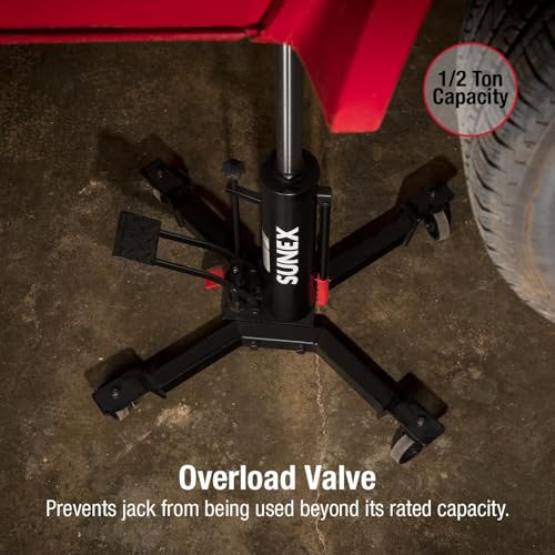 Image of Sunex Tools 7793B 1,000 lb Telescopic Transmission Jack, Hydraulic, Foot Pump Operated, Tilt Saddle with Chain Tie-Down, 74.2 in Max Height