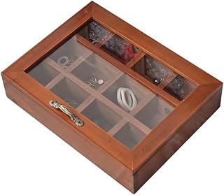 Elegante caja organizadora de joyas de madera marrón de 10.2 x 7.7 x 2.4 pulgadas para anillos, aretes, pulseras, relojes, perfecto para el hogar y viajes