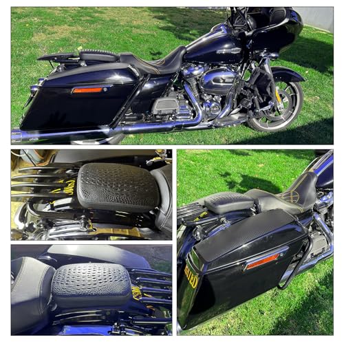 Image of DREAMIZER Black Crocodile Leather Pillion Passenger Pad Rectangular Motorcycle Solo Seat Universal Rear Cusion 8 Suction Cups Pillon Cushion Compatible with Harley Custom Chopper Cruiser