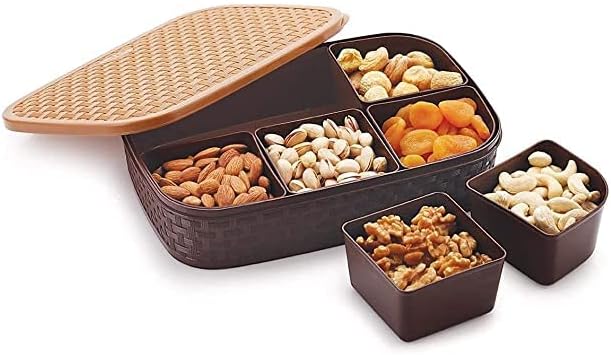 miRim Plastic Dry Fruit Box With 6 Partition With Lid- 1000 Ml, Brown