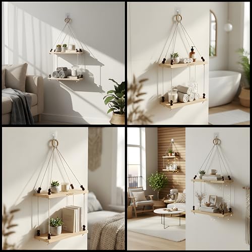 Image of 2Tier Hanging Shelf with Magic Hook, Use Decor Plants, Books, Decorative Gift Items Nursery Livingroom Wooden Beads & Ring Woven Bohemian Chic for Dorm
