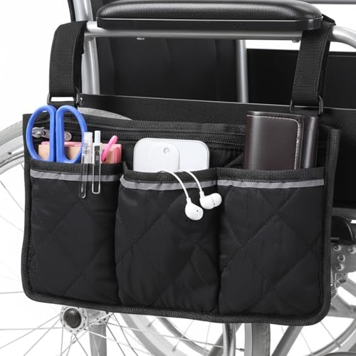 Ouligay Rollstuhltasche für Armlehne Aufbewahrungstasche Rollstuhl Aufbewahrungstasche Rollstuhltasche Armlehne Tasche Rollstuhl Zubehör für Meisten Rollstühle Rollatoren Kinderwagen - Schwarz