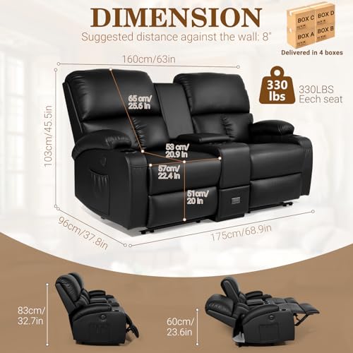 Image of CHABATREE Home Theater Seating,RV Recliner Sofa with Massage and Heat,Manual RV Recliner Loveseat with USB /Cup Holders and Side Pocket for Living Room,Loveseat Black
