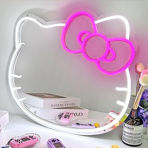 BDUN Anime Hello Kit Cute Cat Neon Sign Vanity Mirror 16"x14" LED Neon Lights with USB Dimmable Light Wall Mirror for Bedroom Living Room Room Decor Dresser Girls Gift - Image 3