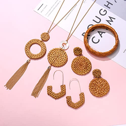 Boho Earrings Necklace Bracelet Handmade Lightweight Rattan Dangling Earrings Long Chain Tassel Rattan Disc Pendant Necklace Woven Rattan Bangle Bohemian Summer Beach Jewelry For Women Girls #TOP6