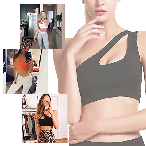 Mathacino One Shoulder Sports Bra For Women Sexy Cute Workout Yoga Bra Medium Support Black #TOP3