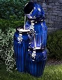 Glitzhome 27.25" H Outdoor Garden Water Fountain with LED Lights and Pump, 4 Tier Cobalt Blue Embossed Pattern Ceramic Pots Cascading Floor-Standing Fountain for Porch Deck Patio Backyard Decoration