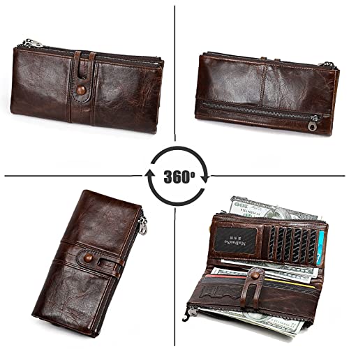 Large Capacity Bifold long Wallet for Women Genuine Leather RFID Blocking Card Organizer Zipper Phone Holder (Coffee, Retro) (WL-006)4