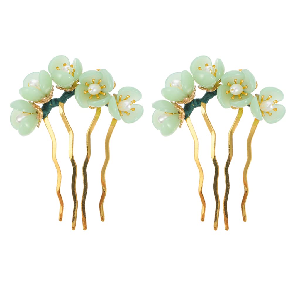 Beaupretty Vintage Decor Chinese Hair Stick Jade Hairpin: 2pcs Handmade Chignon Hair Traditional Classical Flower Hair Chopsticks for Women Girls Cheongsam Green Decor