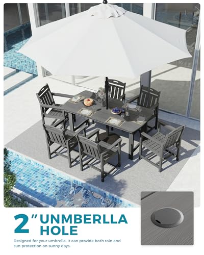 Image of Ciokea HDPE Outdoor Dining Set, 7-Piece Patio Table and Chairs Set with Umbrella Hole, All-Weather Patio Dining Sets for 6, Durable Patio Furniture for Backyard, Garden, Lawn & Poolside, Grey