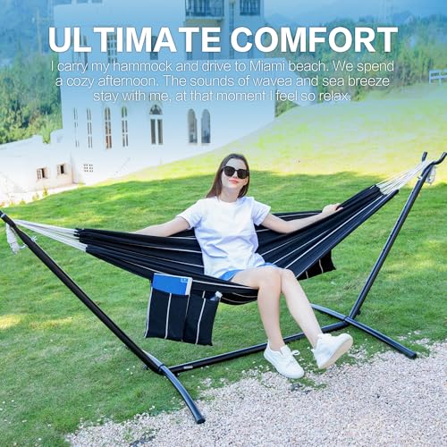 Image of PNAEUT Double Hammocks with Stand for Outside, Portable Space Saving Heavy-Duty Steel Stand for Indoor Outdoor Patio with Carrying Bag, 450 lbs Capacity (Chasm)