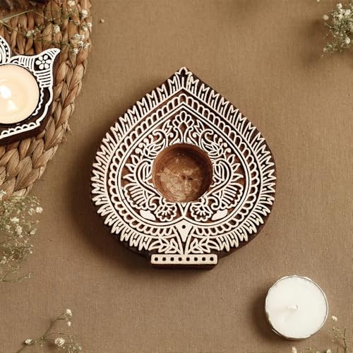 Image of Ascension 2 Wooden Betel Leaf Shaped Tea Light Candle Holder Handmade Wooden Block Print Tlight for Diwali Decoration Mandala Stamp Printing Candle Tlight Set Stand for Indoor Decor (Leaf Shaped)