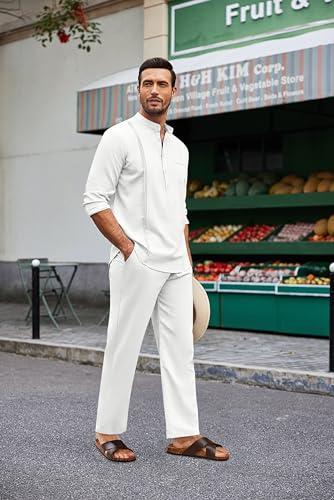 COOFANDY Conjunto masculino de 2 peças de algodão e linho, camisas Henley, manga comprida, conjunto