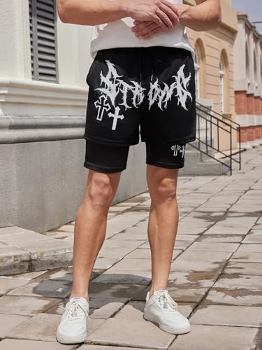 SHENHE Men's Graphic Shorts with Liner Cross Print Drawstring 2 in 1 Goth Gym Track Bottoms2