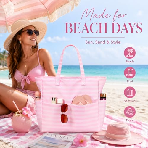 Image of LEDAOU Large Beach Bag Women Waterproof Sandproof Zipper Beach Tote Pool Bag for Swim Gym Grocery Travel with Wet Pocket