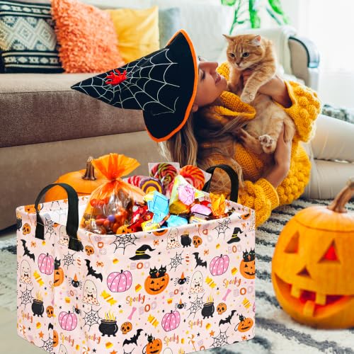 Image of Happy Halloween Ghost Storage Basket Gift Laundry Bins Collapsible Storage Baskets Box Laundry Nursery Hamper for Home Decor and Office Decoration with Handles(Pink Pumpkin)