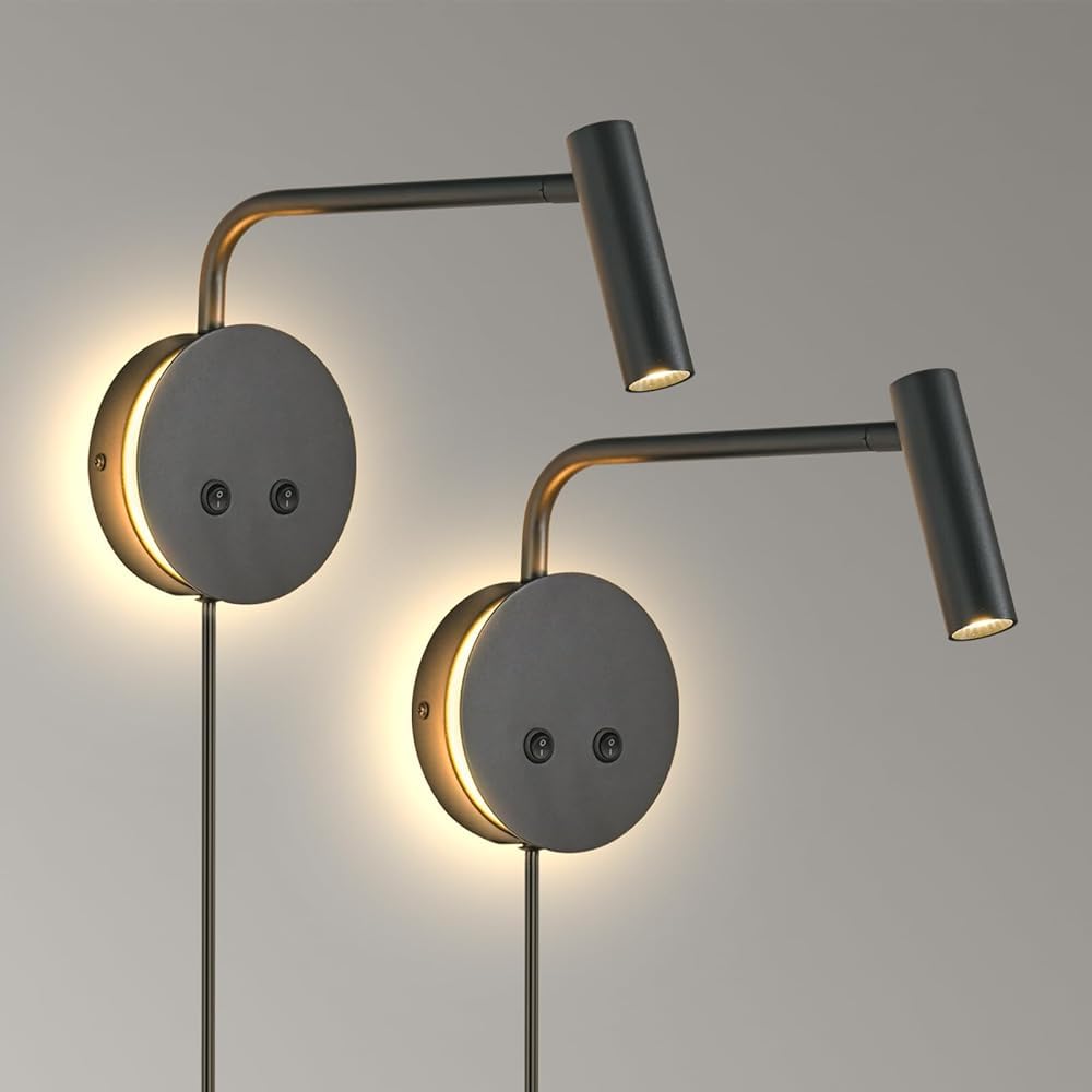 LED Wandleuchte mit Schalter, Wandleselampe 360° Drehbar, 2 Stück Leselampe Bett 3000K, Festverdrahtet & Stecker, Moderne Wandlampe Gold für Schlafzimmer mit Nachtlicht